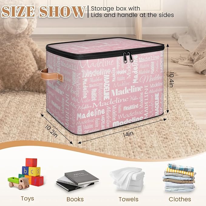 Custom Storage Basket with Name, Personalized Storage Bins with Zipper Lid, Foldable Fabric Storage Box Large capacity with Handle Pink