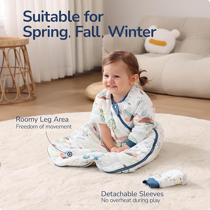 Baby Sleep Sack 12-18 Months, Cotton Detachable Long Sleeve Sleep Sack, 1.0 Tog Toddler Sleeping Sack with Temperature Strips, 2-Way Zipper Wearable Blankets for Newborns, Dinosaur