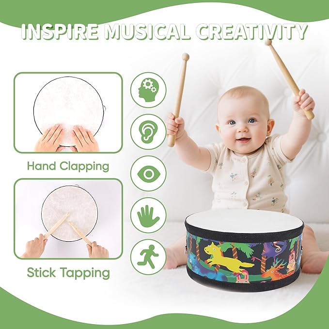 Kids Drum Set with Adjustable Strap: Toddler Musical Instrument for Ages 3-5, Wearable Drum Kit with Drumsticks, Educational Percussion Toy for Rhythm Music Development (Black)