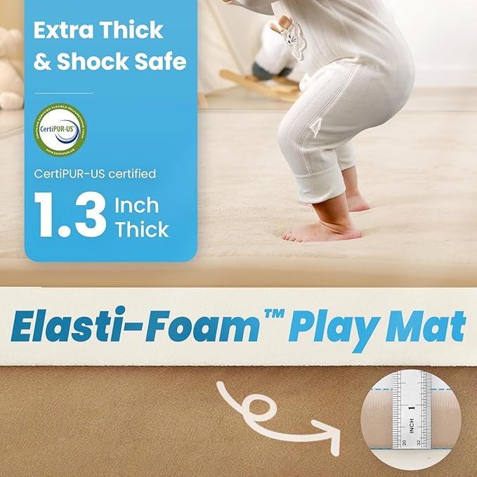 1.3" Thick Baby Play Mat for Floor Playpen, 50x50 Foam Tummy Time Mat, Padded Support Soft Plush Nursery Rug for Infant Kids Toddler Crawling Kick Activity (Beige)