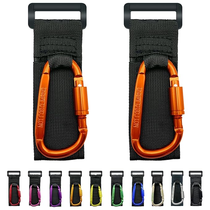 Baby Stroller Hook, Carry 30 lbs per Stroller Carabiner Clip, Adjustable Baby Stroller & Car Seat Hook for Hanging Diaper Bag, Wheelchair,Golf cart, Shopping and Pet Cart(2 Pcs Orange)