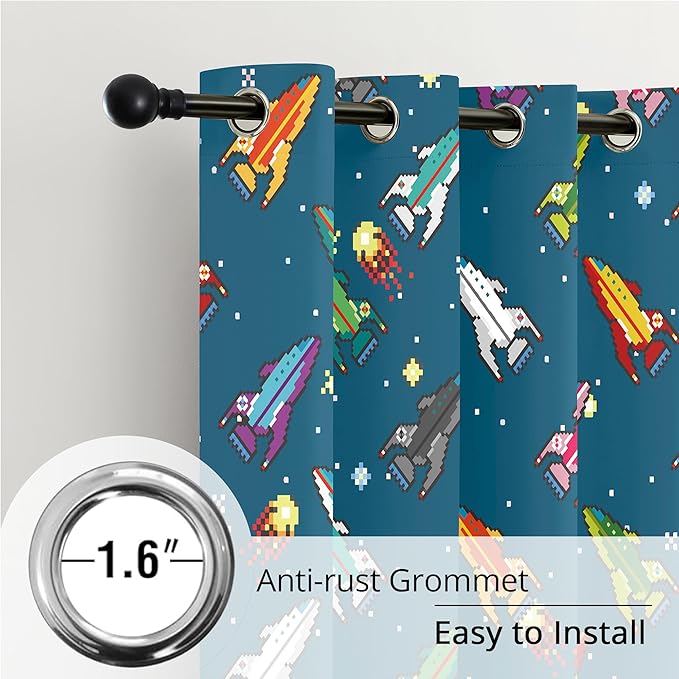 Kids Pixel Rocket Blackout Curtains - 100% Blackout, Thermal Insulated, Noise Reducing, Perfect for Kids Room and Nursery, 2 Panels (Pixel Rocket Fleet, W52×L63)