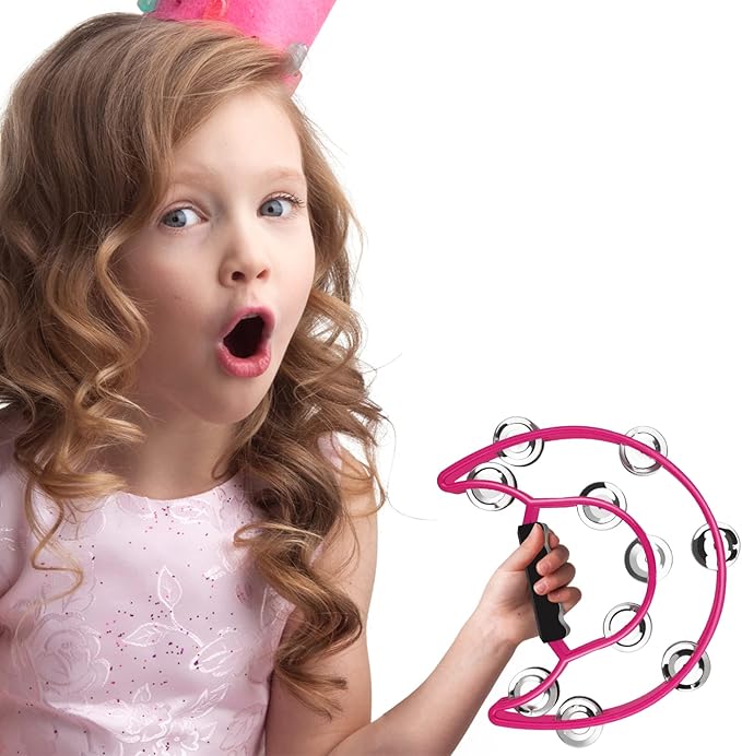 EastRock Double Row Tambourine,Metal Jingles Hand Held Percussion-Half Moon Tambourine for Adults, KTV, Party Pink