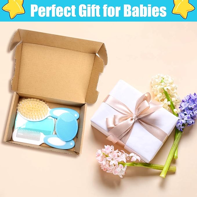 Baby Hair Brush and Comb Set, 4Pcs Baby Soft Bristles Hairbrush Cradle Cap Brush Hair Comb for Newborns Toddlers Boys Girls (Blue)