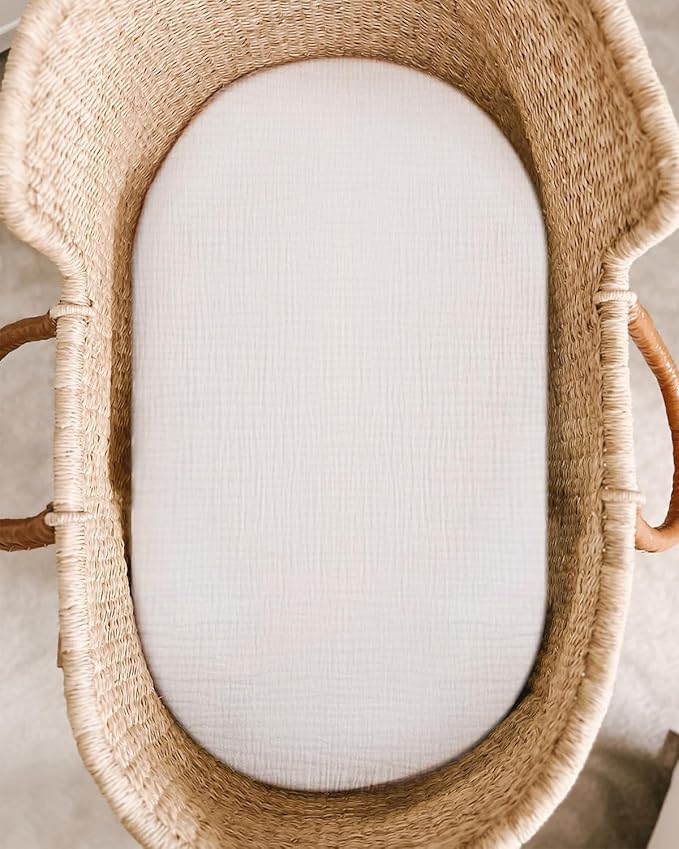 Bassinet Sheet for Baby Boy and Girl, Fitted Sheets for Rectangle, Oval, Hourglass Bassinet Mattress, Muslin Moses Basket Sheets with Neutral Style (White)