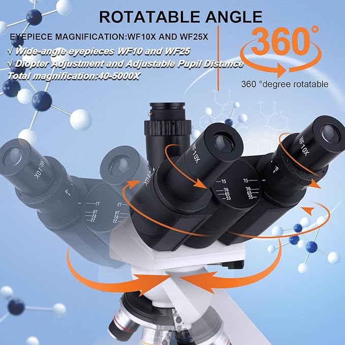 Compound Trinocular Microscope 40X-5000X Magnification, Research Grade Professional Microscope, Two Levels of Mechanical Stage LED Illumination, USB Video Camera with Microscope for Adults
