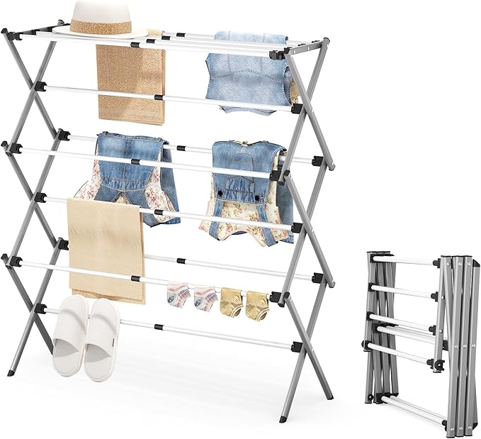 APEXCHASER Drying Rack Clothing, Clothes Drying Rack Foldable, Laundry Drying Rack Expandable, Small Clothe Hanger for Baby Clothes Towels Bibs, Socks, Clothes Airer for Indoor Outdoor Use, White/Grey