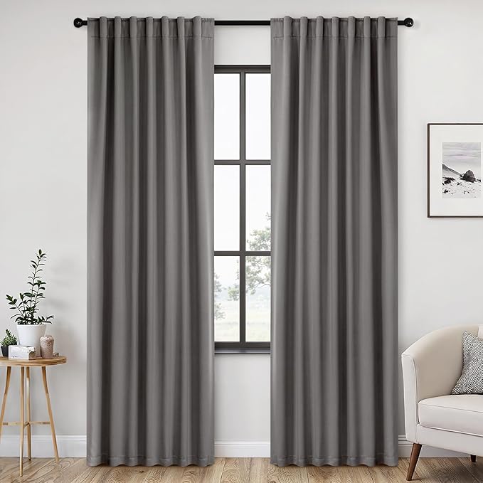 ANRODUO Back Tab Blackout Curtains for Bedroom Living Room, Rod Pocket Pinch Pleated Thermal Insulated Room Darkening Curtains 90 Inches Long 2 Panels, Grey, 52 x 90 Inch