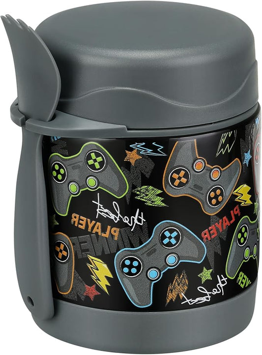 10oz Soup Thermo for Hot Food Kids,Lunch Thermo Kids Food Jar with Spoon Hot Insulated Food Containers,Leak Proof Stainless Steel Wide Mouth Lunch Food Thermo Jar for School(Black-Game Console)