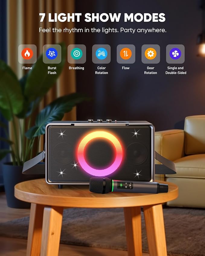 GFEEN Portable Bluetooth Speaker: 200W Peak, 15H Playtime, Wireless Speakers with Microphone, 5″ Subwoofer, Loud Sound, Light Show, Fast Charging for Outdoor, Party, Backyard(Silver with 1Mic)