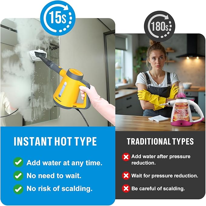 Handheld Pressurized Steam Cleaner - 15s Quick Start, Multi-Functional for Home, Kitchen, Bathroom, 8 Attachments, Chemical-Free, Safe & Efficient Cleaning Solution, Yellow & Grey