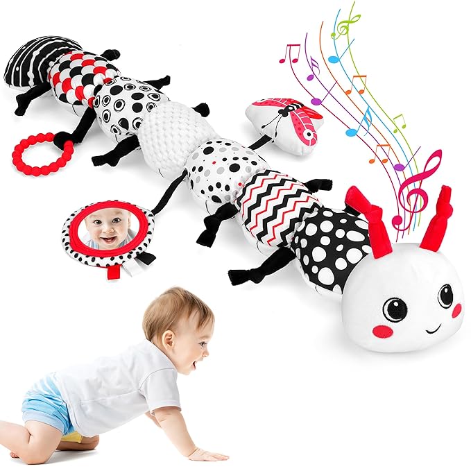 Baby Toys 0-12 Months - Musical Caterpillar Stuffed Animal Soft Plush Toys for Infant Girls Boys 3 6 12 Months Tummy Time Sensory High Contrast Black White Newborn Toys Gifts, W/ Mirror Rattle