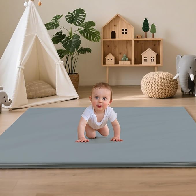 Baby Play Mat 47x47 Inches, Extra Thick 1.2" Foam Floor Mat for Tummy Time & Crawling, Waterproof Non-Slip Faux Leather Playpen Mat for Infants Toddlers, Indoor Outdoor Gym Activity, Blue