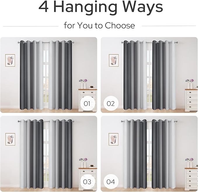 HOMEIDEAS Gray Grey Ombre Blackout Curtains, 52 X 84 Inch Length Gradient Color Room Darkening Curtains with Grommet Thermal Insulated Window Drapes for Living Room, Bedroom, 2 Panels