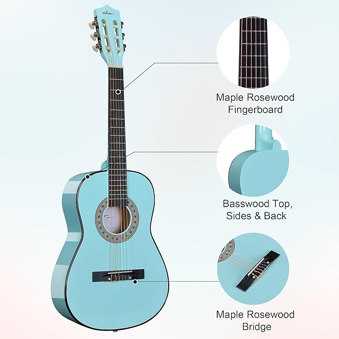 ADM Beginner Acoustic Classical Guitar 36 Inch Nylon Strings Wooden Guitar Bundle Kit for Kid Boy Girl Student Youth Guitarra Online Lessons with Gig Bag, Strap, Tuner, Strings, Picks, Socal Green