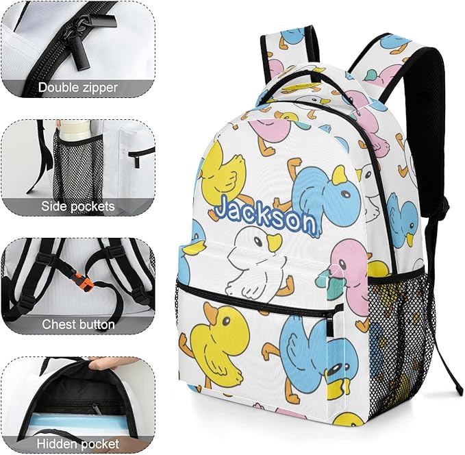 Duck Cartoon Doodle Custom Kids Backpack for Boy Girl, Personalized Waterproof Child School Travel Bag with Name, 16.5’’ X 12.2’’ X 5.9’’