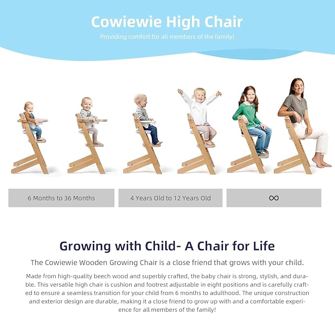 Cowiewie Natural Wooden High Chair for Babies & Toddlers 3-Tier Remove & Adjustable Tray, 8 Adjustable Highchair with Cushions, Portable (Blue)