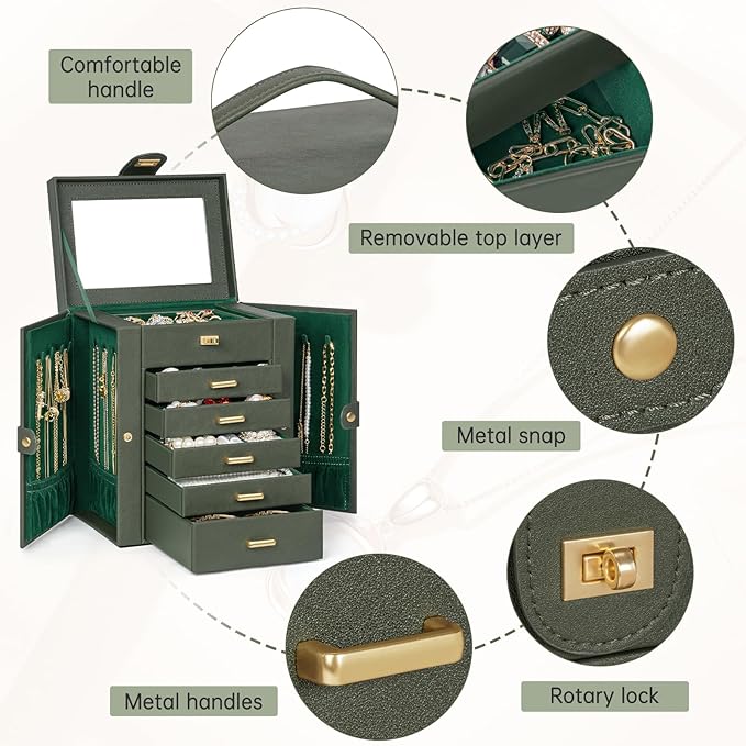 AKOZLIN Jewelry Box Organizer Functional Leather Jewelry Storage Case for Women Girls Ring Necklace Earring Bracelet Holder Organizer with Mirror