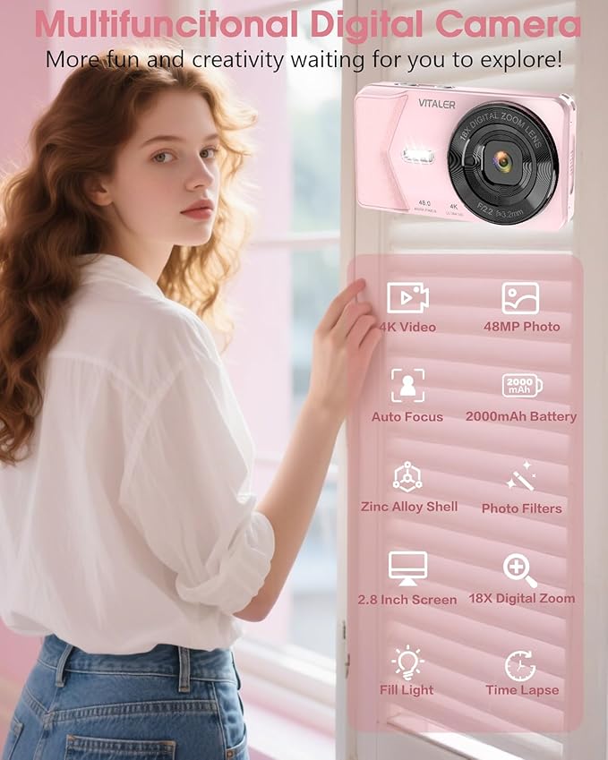 Digital Camera, Autofocus 48MP 4K Camera for Photography with 32GB Card, Portable Compact Point and Shoot Digital Camera for Teens Adult Beginner Kids with Metal Shell, 2000 mAh Battery