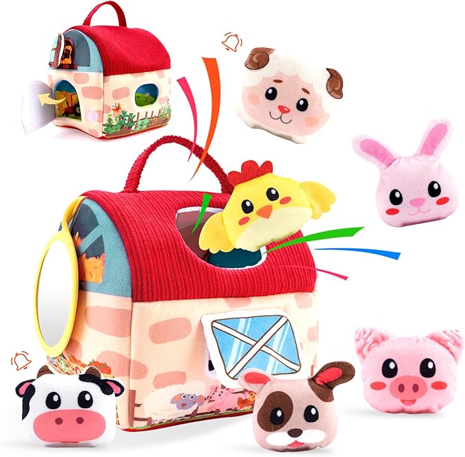 Baby Toys 6-12 Months, Soft Barn Toy with 6 Stuffed Farm Animals, Rattle, Crinkle, Mirror, Sensory Toys for Toddlers 1-3, 6 7 8 9 10 Month Old Baby Toys, Montessori Toys Gift for 1 Year Old Boy Girl