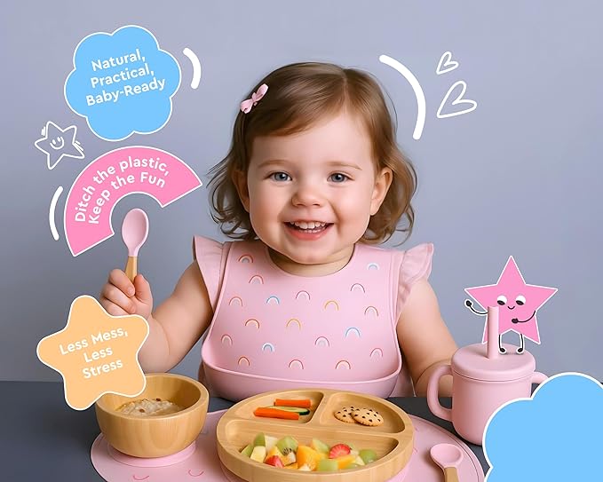 Bamboo Baby Feeding Set for Infants & Toddlers - Baby Essentials, Non-Toxic, Sustainable, Bamboo Suction Plate & Bowl, Bib, Sippy Cup w/Lid & Straw, Daily Use, Travel, Baby Shower Gifts (Pink)
