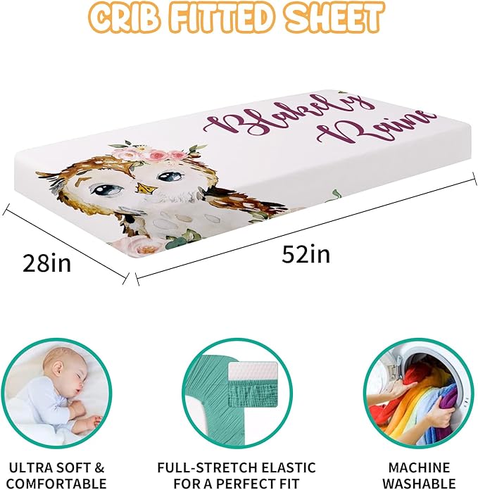 Custom Crib Bedding Set - Owl Design Personalized Name Baby Nursery Bed 3 Pcs Set - Chic Soft Blanket with Dotted Backing, Sheet, Pillowcase for Newborn Girls Boys Gifts Color22