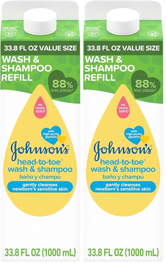 Johnson's Head-To-Toe Gentle Body Wash & Shampoo for Baby's Sensitive Skin & Hair, Tear-Free, Sulfate-Free & Hypoallergenic, Value Size Refill, 33.8 fl. oz (Pack of 2)
