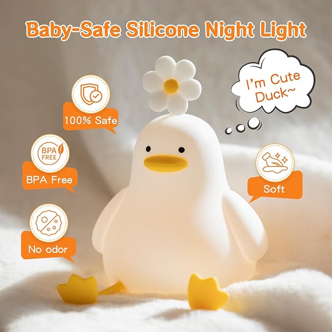 Cute Duck Night Light for Baby, Kids, Toddler, Ambient Nursery Nightlight, Soothing Lamp 3 Level Dimmable, Sleeping Accompanion for Bedroom Bedside, Rechargeable Battery, 30 Min Timer Off