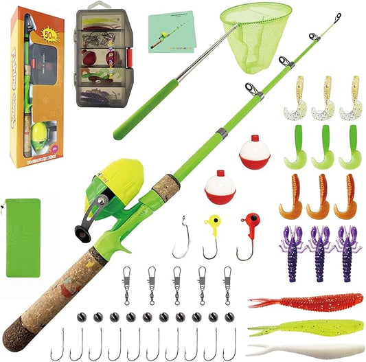 Kids Fishing Pole Set, Kids Fishing Rod and Reel Combo and Fishing Net Tackle Box with Fishing Lures Hooks and Bag for Boy, Girl, Youth, Beginner, Over 3 Years Old