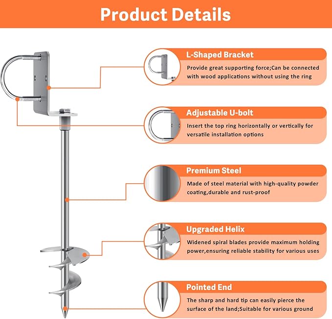 Eurmax USA Ground Anchors Heavy Duty Adjustable L-Shaped Head Shed Tent Stakes Trampoline Anchors, Trampoline Stakes for Sheds,Swing Sets,Mobile Home,Carports Set of 4(Silver)