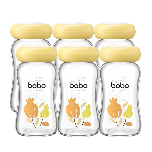 YOHKOH Breast Milk Storage Bottles - Wide Neck Glass Breastmilk Storage Bottles with Lids, BPA-Free (Yellow, 5.4oz (Pack of 6))