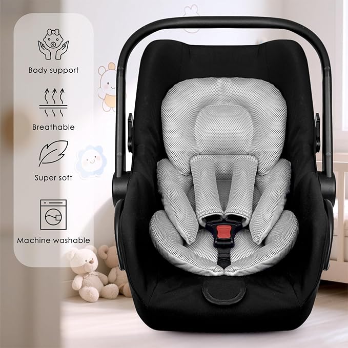Infant Car Seat Insert for Newborn Girls Boys, Summer Mesh Baby Carseat Head Support with Strap Pads, Soft Reversible Baby Car Seat Insert Cushion Pad for Car Seat, Stroller, Bouncer, Swing, Gray
