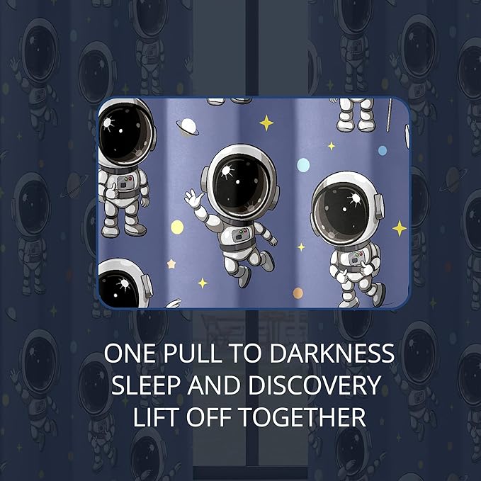 Kids Astronaut Blackout Curtains - 100% Blackout, Thermal Insulated, Noise Reducing, Perfect for Kids Room and Nursery, 2 Panels (Spacewalk Buddies, W52×L84)