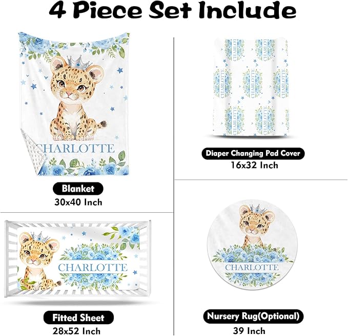 Custom Nursery Crib Bedding Set: Personalized Name 4 Piece Blue Floral Leopard Design Baby Crib Sets for Baby Girls - Toddler Double Layer Blanket Set, Comfortable Crib Bed Sheets for Baby Toddlers
