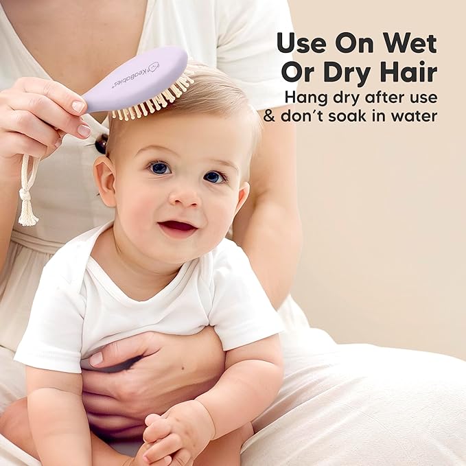 Baby Hair Brush and Comb Set for Newborn - Wooden Baby Hair Brush Set with Soft Goat Bristle, Baby Brush Set for Newborns, Baby Brush and Comb Set Girl, Boy, Toddler Cradle Cap Brush (Oval, Thistle)