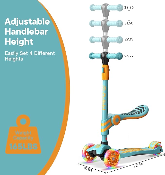 Aqua Orange 3 Wheel Scooter with Seat for Kids – Light-Up LED Wheels, Adjustable Handlebar and Seat, Smooth PU Wheels, Wide Anti-Slip Deck, Rear Foot Brake – Toddler Outdoor Toys for Ages 2+