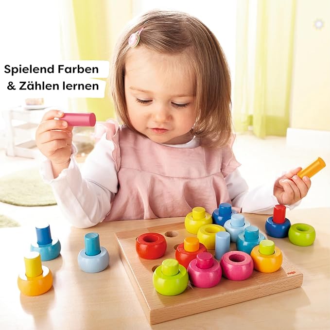 HABA Rainbow Whirls Wooden Sorting & Stacking Rings Shape Sorter, Educational Toys for 2 Year Old & Up, Color Sorting Fine Motor Toys, Made in Germany