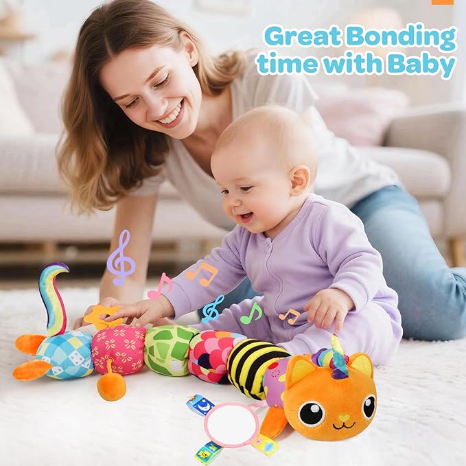 Baby Toys 0-6 6-12 Months, Sensory Musical Animal Stuffed Toy for Infant 0-3 3-6 Months, Tummy Time Toys with Mirror Crinkle Rattle, Plush Unicorn Cat Toy Gifts for 0 1 2 3 4 5 6+ Months Boys Girls