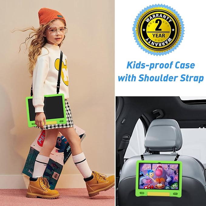 Kids Tablet, 10.1 Inch Tablet for Kids, Android 14, 64GB, Octa-Core CPU, WiFi, Big Battery, Kids Conten, Parental Control, HD Display Children Age 3-12, Bluetooth, Green Shockproof Case