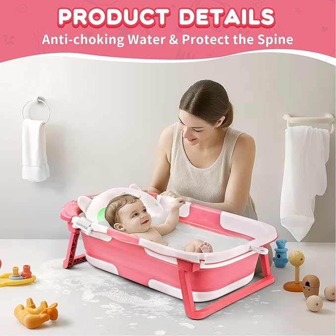 Baby Bathtub,Collapsible Baby Bath Tub with Thermometer & Soft Floating Cushion,Portable Travel Baby Bathtubs for Newborns to Toddlers 0-36 Months(Bear Pink)