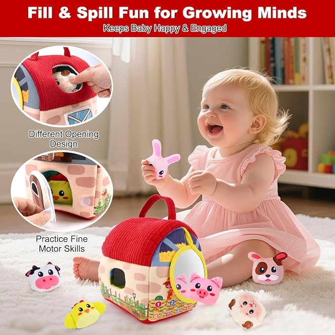 Baby Toys 6-12 Months – Montessori Sensory Barn with Plush Farm Animals, Rattles, Crinkle & Mirror – 1st Birthday Gift or Easter Basket Stuffer for Babies