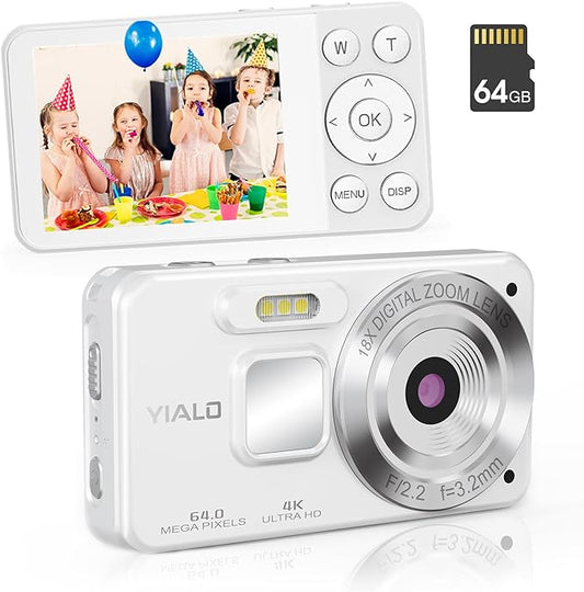 4K Digital Camera for Teens, FHD 64MP Digital Camera for Kids with 64GB SD Card, 18X Digital Zoom Cameras for Photography, Point and Shoot Video Camera for Kids, White