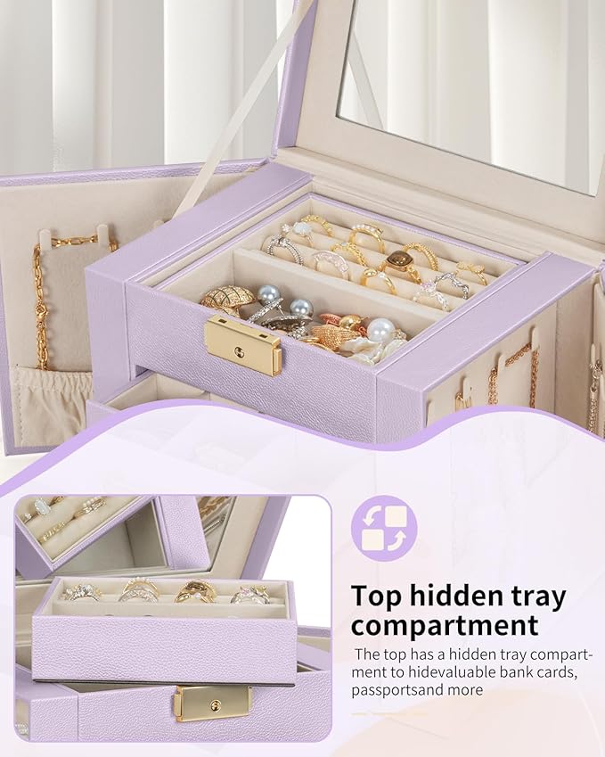 AKOZLIN 4-Tier Jewelry Box Leather Jewelry Storage Organizer with 3 Drawers Lockable for Women Girls Ring Necklace Earring Bracelet Holder with Mirror Purple