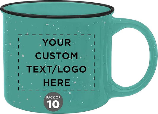 DISCOUNT PROMOS Custom Ceramic Campfire Coffee Mugs 13 oz. Set of 10, Personalized Bulk Pack - Perfect for Tea, Espresso, Cappuccino, Hot Cocoa - Mint