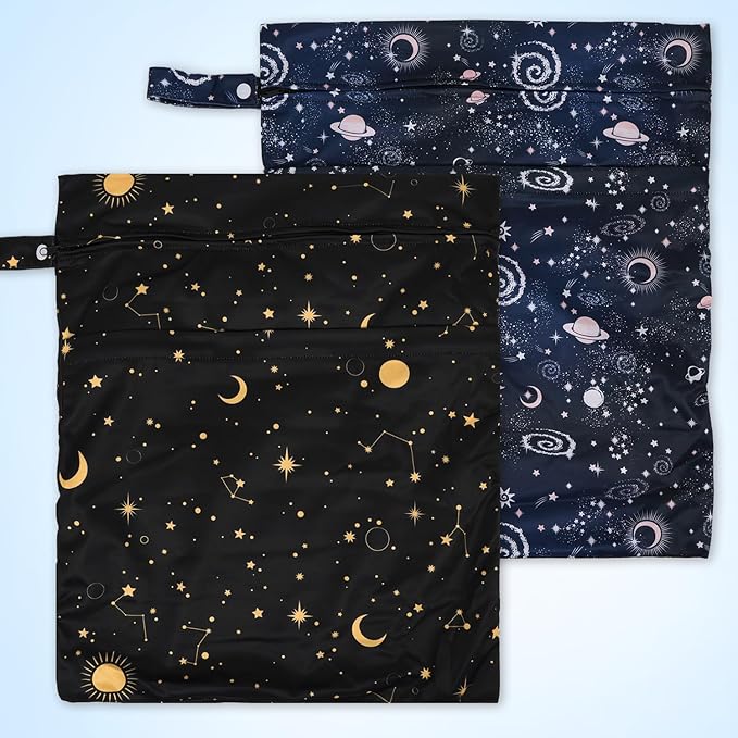 2pcs Travel Waterproof Laundry Bag, Cloth Diaper Wet Dry Bags with Handle & 2 Zipper Pockets, Reusable Washable Dirty Clothes Bag for Baby Adult Travelling Hanging, Bathing Beach Pool Daycare