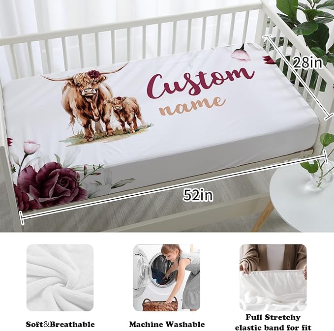 Custom Nursery Crib Bedding Set: Personalized Name 4 Piece Rose Highland Cow Design Baby Crib Sets for Girls - Toddler Double Layer Blanket Set, Comfortable Crib Bed Sheets for Baby Toddlers