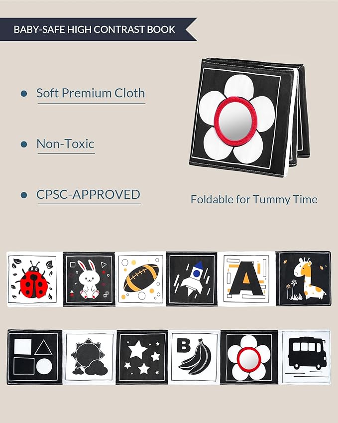 Infinno High Contrast Baby Toys for Newborn, Tummy Time Mirror Black and White Toys for 0-6 Months, Visual Sensory for Infant 0-3-6 Months, Newborn Baby Registry Essential Stuffers