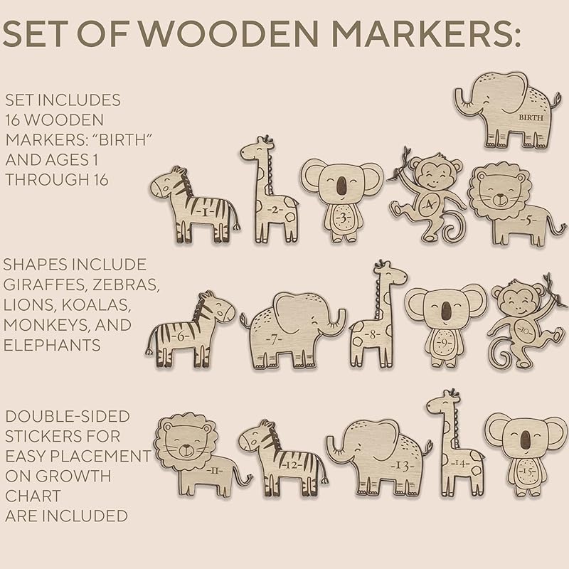 3D Wooden Growth Ruler Markers for Kids Height Measurement, Safari Shapes for Boys Nursery.