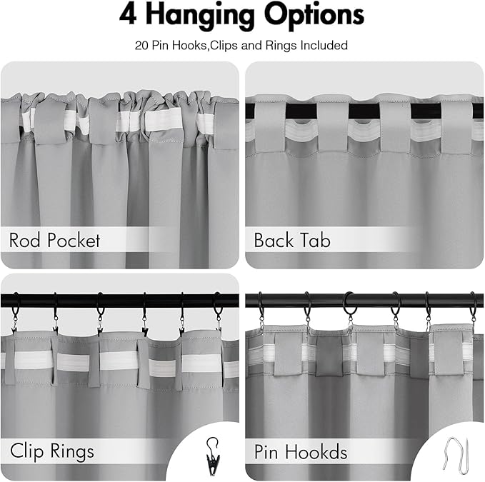 ANRODUO Back Tab Blackout Curtains for Bedroom Living Room, Rod Pocket Pinch Pleated Thermal Insulated Room Darkening Curtains 63 Inches Long 2 Panels, Light Grey, 42 x 63 Inch