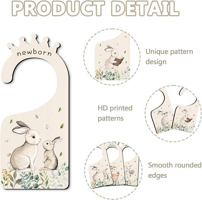 Baby Clothes Dividers for Closet - Set of 8 Wooden Baby Size Closet Dividers Newborn to 24 Months, Rabbits Babies Clothes Organizer for Boys Girl Nursery Decor Gender-Neutral Newborn Hangers Dividers